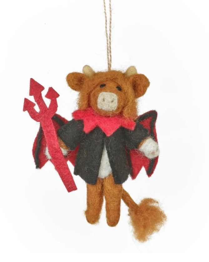 Devilish Highland Cow Handmade Felt Decoration