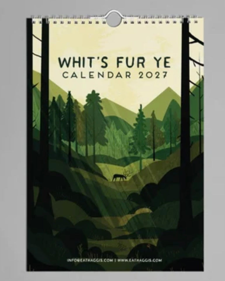 A wall calendar titled "Whit's Fur Ye Calendar 2027" shown hanging against a grey wall. The cover features an illustrated forest landscape in green, beige, and black tones, with mountains, trees, and a deer.