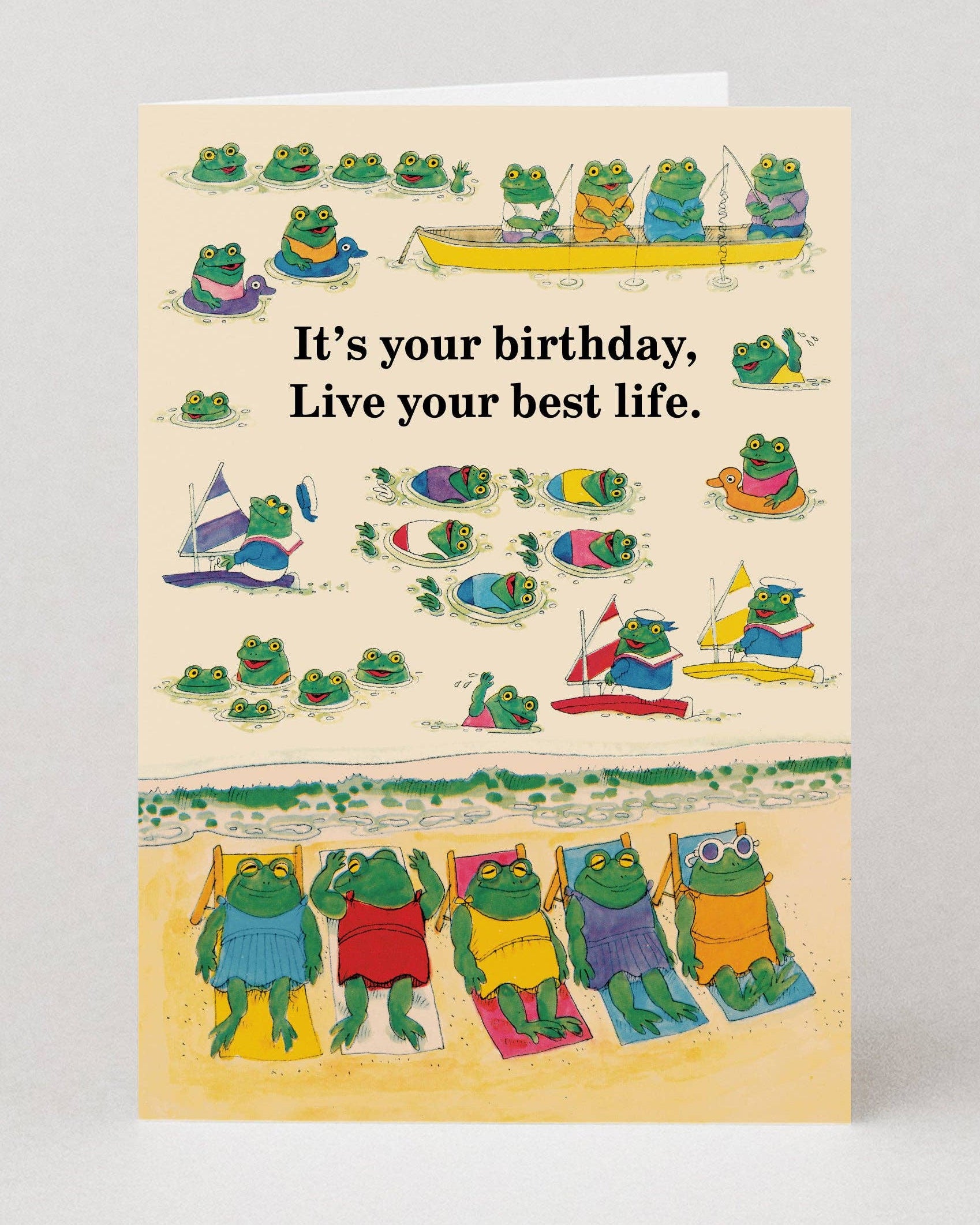 Greeting card with Richard Scarry cartoon frogs in various poses and birthday message on a beige background