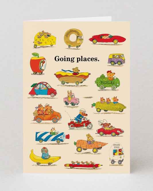 Card with Richard Scarry illustrations of various vehicles and animals, featuring the text 'Going places.'