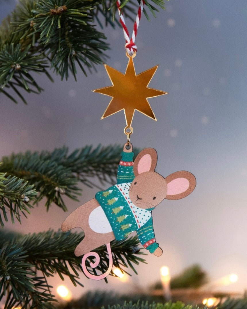 Hanging Mouse Wooden Christmas Decoration-Dapple & Dot-My Beautiful Caravan