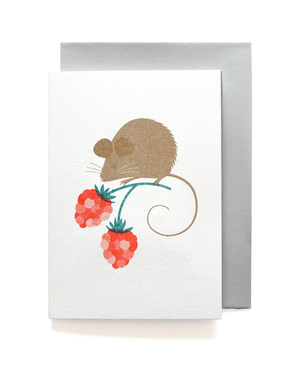 A white greeting card featuring a watercolor-style illustration of a brown mouse eating red strawberries, shown with a gray envelope behind it on a white background.