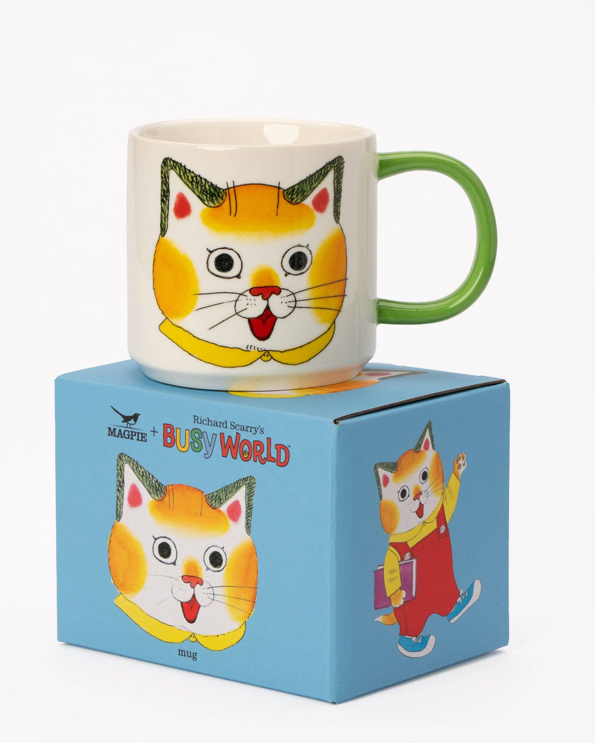 Mug with cat design on a blue box featuring the same design, on a white background