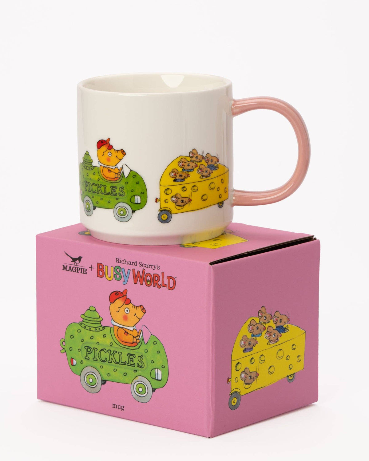 Mug with cartoon car designs on a pink box, featuring the text 'Busy World' and 'Pickles'.