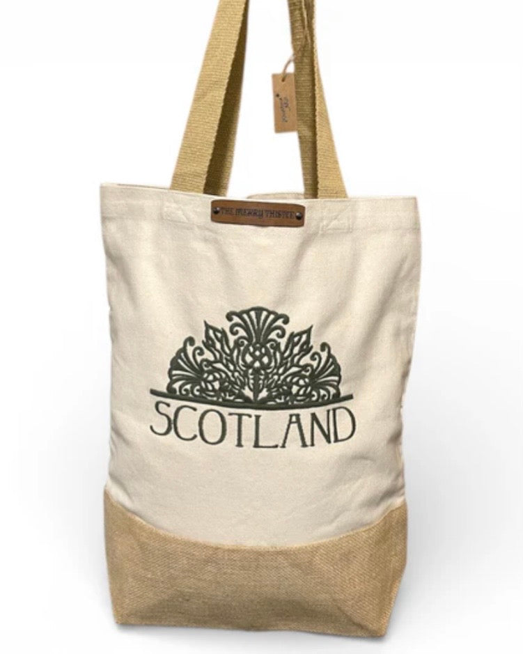 Tote bag with embroidered 'Scotland' design on a white background
